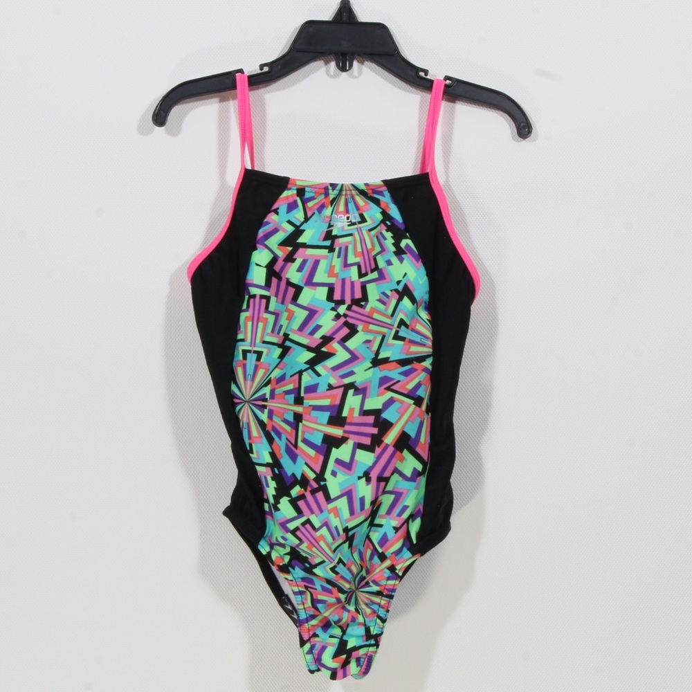 Speedo Girls Thin Strap Black Multicolor One Piece Swimsuit Size XS